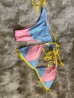 Womens Pink & Blue Stripe Bikini with Yellow Trim